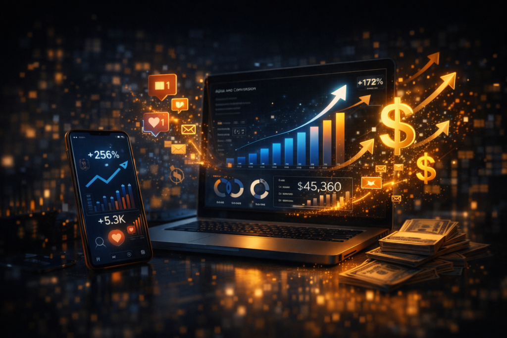 Cena digital em 4K mostrando smartphone e notebook com gráficos de crescimento, métricas de engajamento e aumento de resultados. Ícones de curtidas, mensagens e notificações flutuam ao redor, enquanto símbolos de dinheiro e setas ascendentes representam vendas e conversão. Ambiente escuro com iluminação em tons de azul e dourado, transmitindo estratégia de marketing digital, crescimento de negócios e aumento de receita.