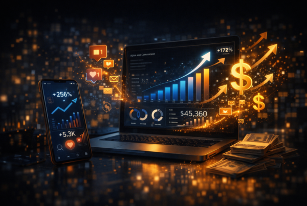 Cena digital em 4K mostrando smartphone e notebook com gráficos de crescimento, métricas de engajamento e aumento de resultados. Ícones de curtidas, mensagens e notificações flutuam ao redor, enquanto símbolos de dinheiro e setas ascendentes representam vendas e conversão. Ambiente escuro com iluminação em tons de azul e dourado, transmitindo estratégia de marketing digital, crescimento de negócios e aumento de receita.
