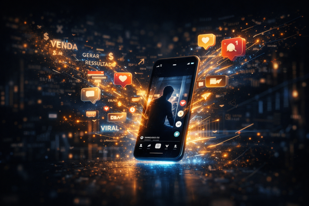 Uma composição visual dinâmica e futurista representando o sucesso do marketing digital móvel. No centro, um smartphone moderno está em pé sobre uma superfície reflexiva escura, emitindo uma erupção de energia dourada, faíscas e partículas luminosas. Flutuando ao redor do telefone, na energia brilhante, estão vários ícones de notificação vermelhos com números (ex: "1"), ícones de curtir (corações), balões de fala, aviões de papel e símbolos de cifrão ($). Com destaque na energia flutuante, estão as palavras em português: "VENDA", "GERAR RESULTADO" e "VIRAL". A tela do telefone exibe uma interface de perfil de mídia social com a silhueta de um empresário em um terno sentado em um escritório, olhando para um monitor, cercado por métricas e ícones de interação. O fundo é um ambiente escuro e abstrato com luzes bokeh desfocadas de cidades e padrões de gráficos de dados e tendências financeiras. A imagem como um todo simboliza o crescimento acelerado, o engajamento massivo e a conversão de vendas impulsionados pelo marketing digital através das redes sociais.