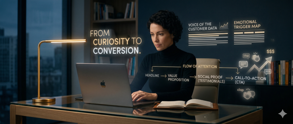 Fotografia cinematográfica de uma mulher focada digitando em um laptop em um escritório moderno à meia-luz, iluminada por uma luminária de mesa dourada. Ao redor dela, flutuam projeções holográficas brilhantes com conceitos de marketing e copywriting em inglês, incluindo a frase 'From curiosity to conversion', painéis de dados de clientes, mapas de gatilhos emocionais e um fluxograma estratégico apontando para ícones de engajamento e crescimento financeiro. Sobre a mesa de vidro, há também um caderno aberto com uma caneta