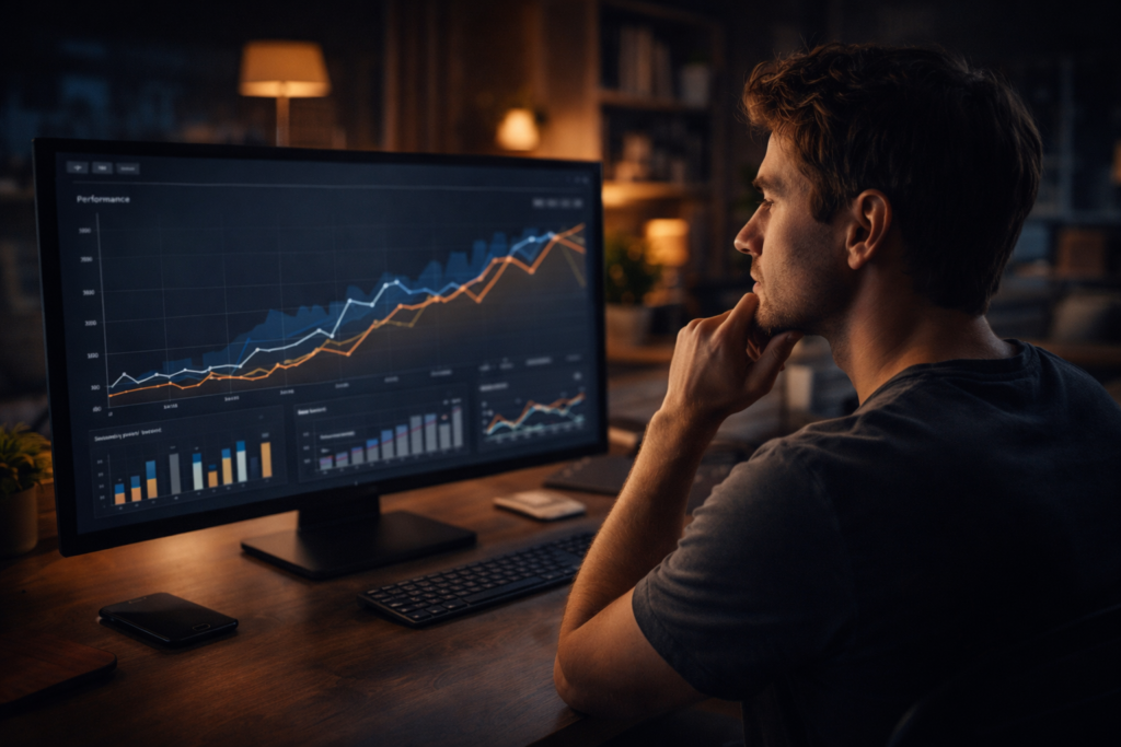 Homem fazendo análise de gráfico no computador