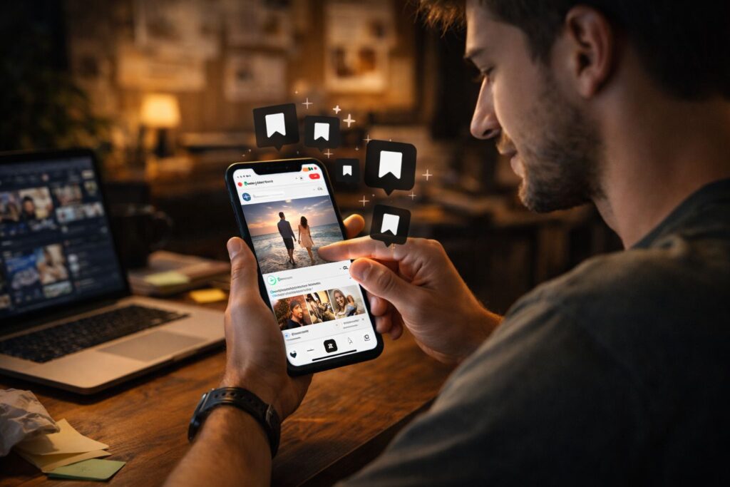 homem scrollando o feed e salvando postagens