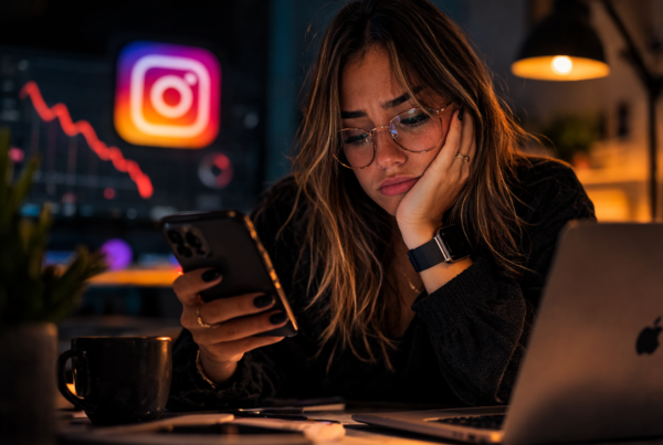 Mulher olhando triste para a tela do seu iphone