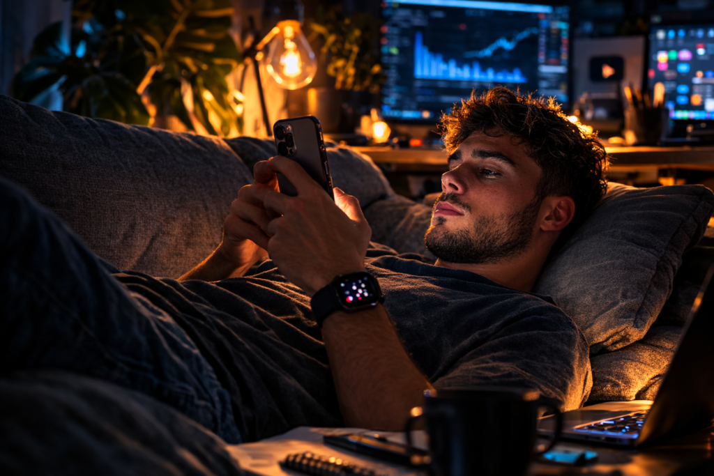 Homem deitado olhando pro celular 