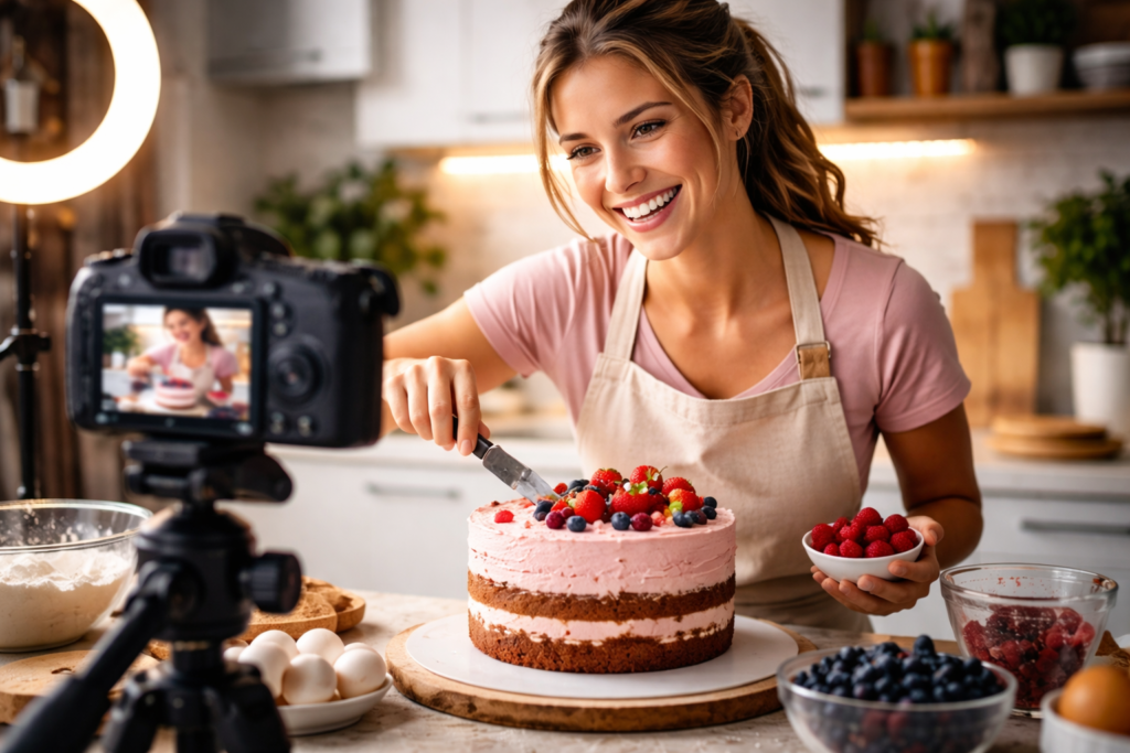 confeiteira fazendo bolo e se gravando