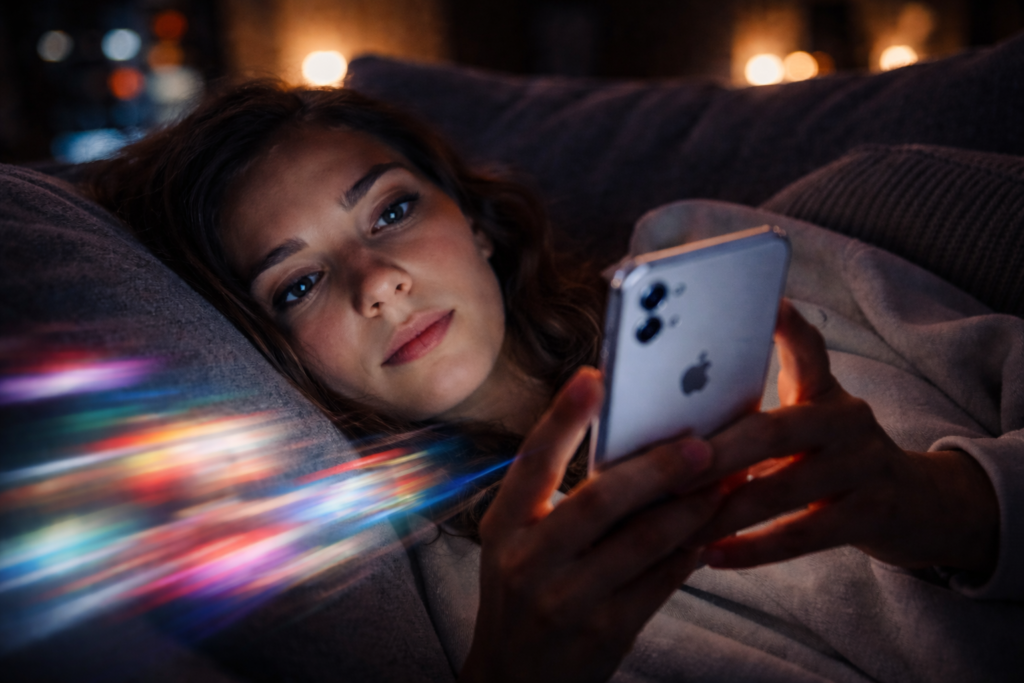 Uma mulher deitada olhando o seu iphone 