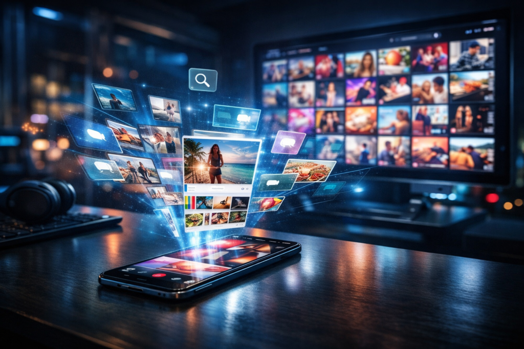 Um celular e um computador cheio de posts de redes sociais