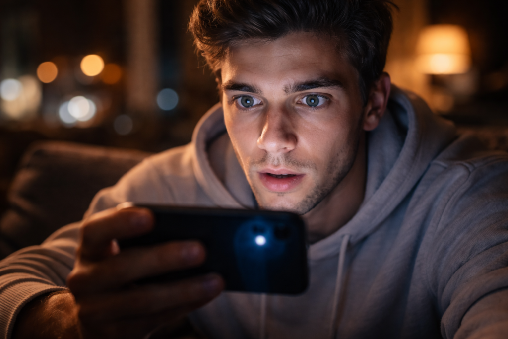 Homem olhando com atenção para tela do celular 