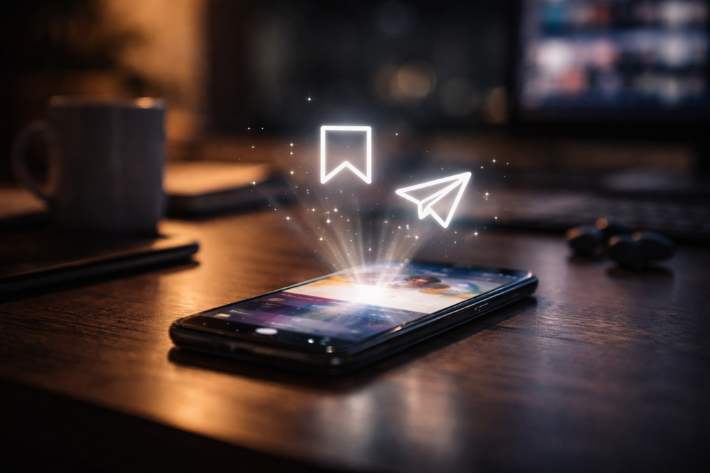 Um celular com símbolo de salvar e compartilhar