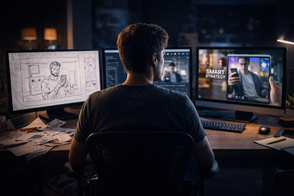 Homem criando conteúdo no seu computador 