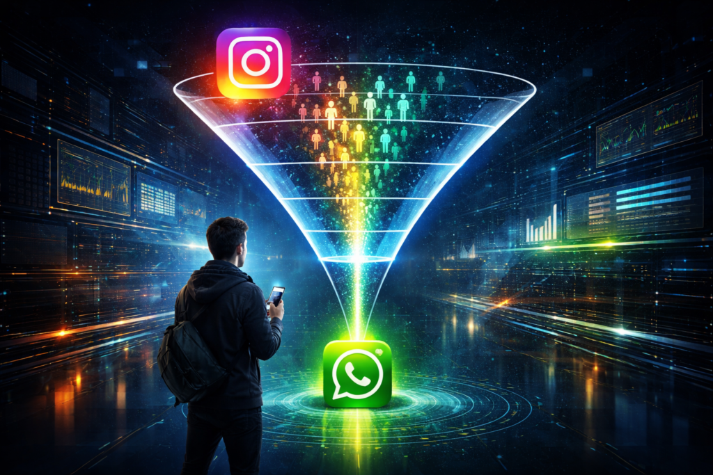 um jovem observando funil do instagram para o whatsapp