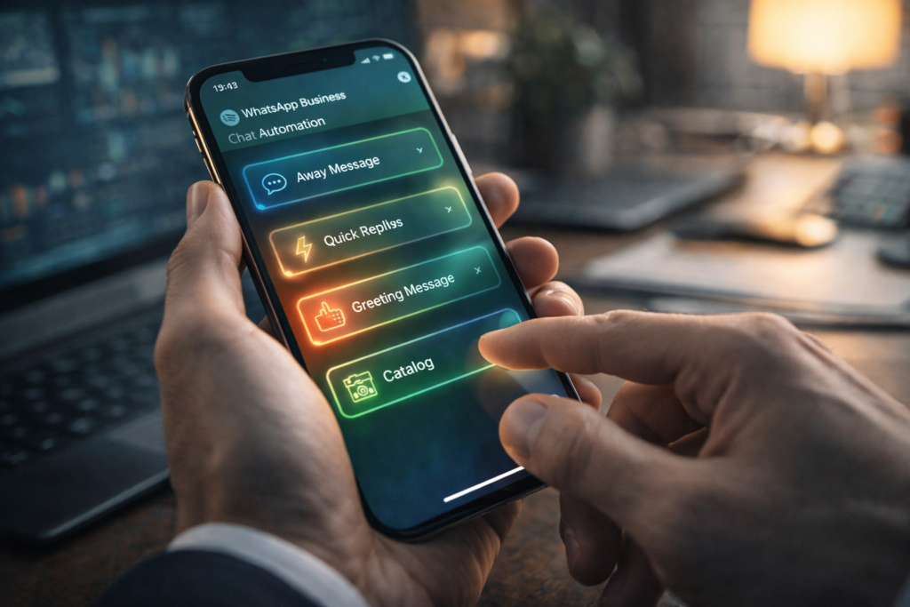 Profissional utilizando WhatsApp Business com automação de mensagens no celular, em escritório moderno, ilustrando uso estratégico do WhatsApp para vendas.