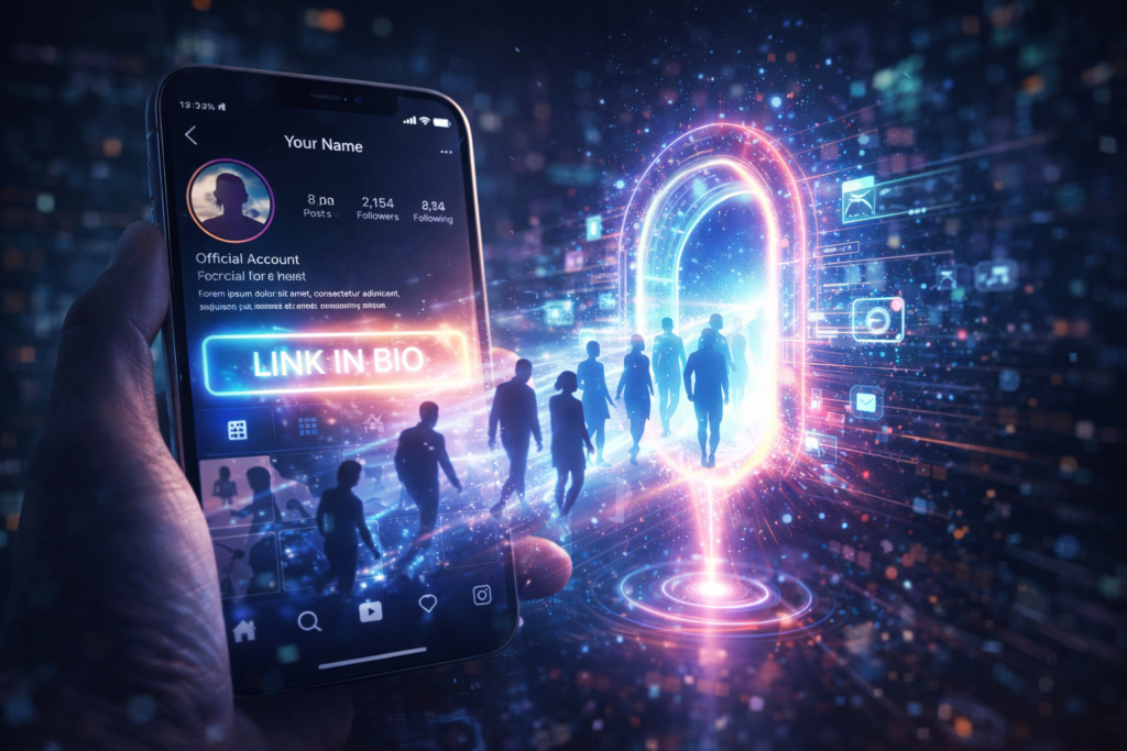 Imagem de perfil do Instagram com link na bio se transformando em portal digital, ilustrando funil de vendas e geração de leads para WhatsApp.