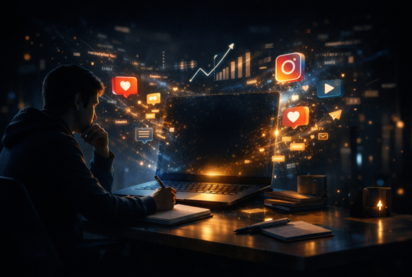 Homem sentado em um ambiente escuro e moderno, escrevendo em um caderno enquanto observa um notebook com tela iluminada. Ao redor, elementos digitais como ícones de redes sociais, gráficos de crescimento e notificações flutuam com efeito de luz, representando criatividade, estratégia de conteúdo e marketing digital focado em engajamento e retenção.
