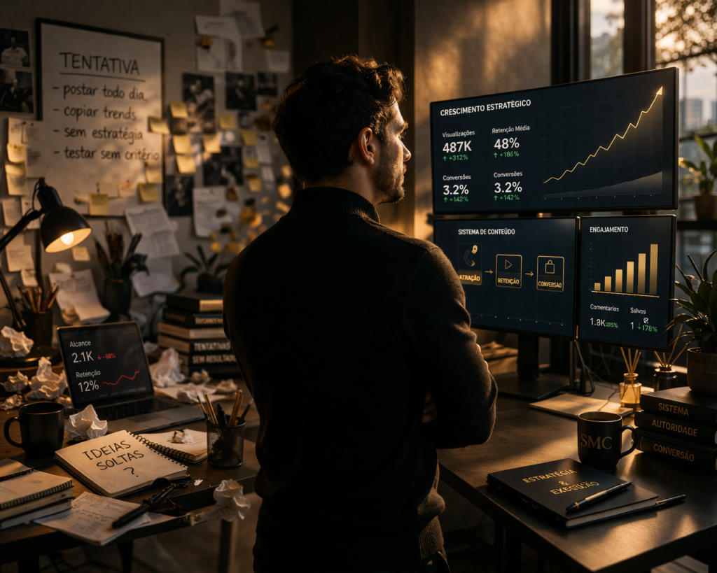 homem olhando para insights multitelas