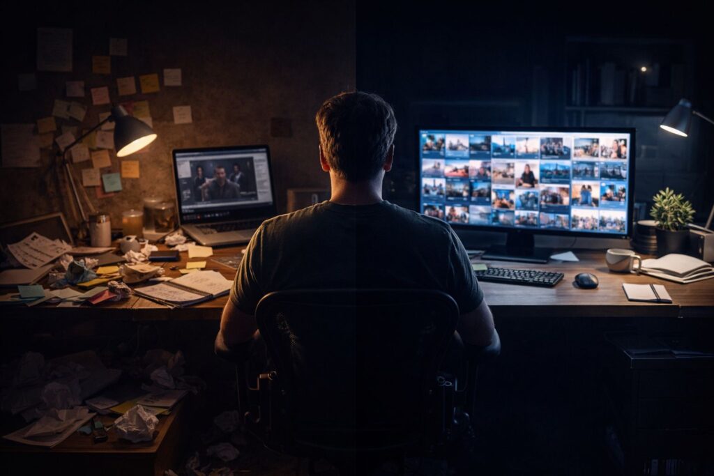 Homem de costas trabalhando com várias telas