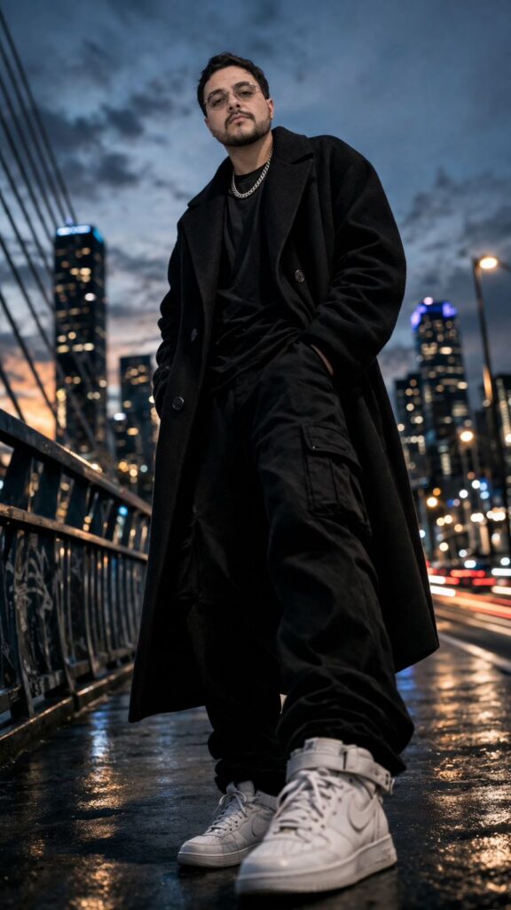 IMAGEM GERADA POR IA DE HOMEM BRANCO COM SOBRETUDO E ROUPAS PRETAS E TÊNIS BRANCO NA CIDADE