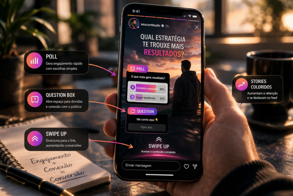 homem segurando tela de celular com instagram stories aberto