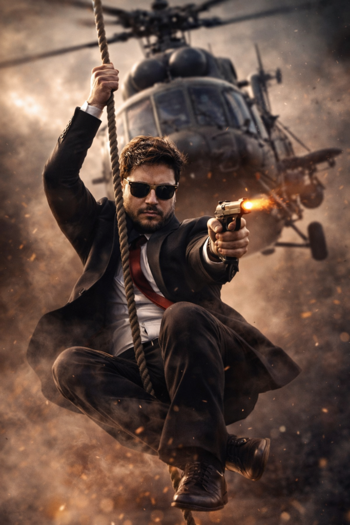 Imagem de IA com rosto real mostrando homem de terno preto descendo de helicóptero em corda disparando pistola com flash de disparo visível ambiente de poeira e iluminação dramática de ação
