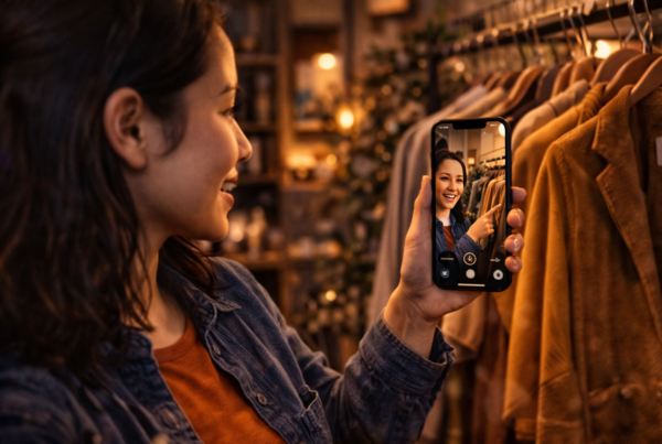 Lojista gravando Reels de produto com iPhone dentro da loja representando a frequência de três a cinco Reels por semana recomendada para lojas no Instagram