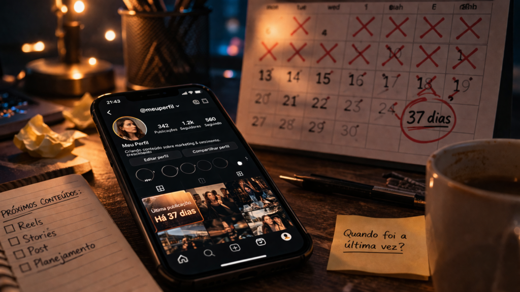 Smartphone com Instagram mostrando perfil sem postagens recentes representando o erro de interromper a frequência de Reels que prejudica o alcance orgânico

