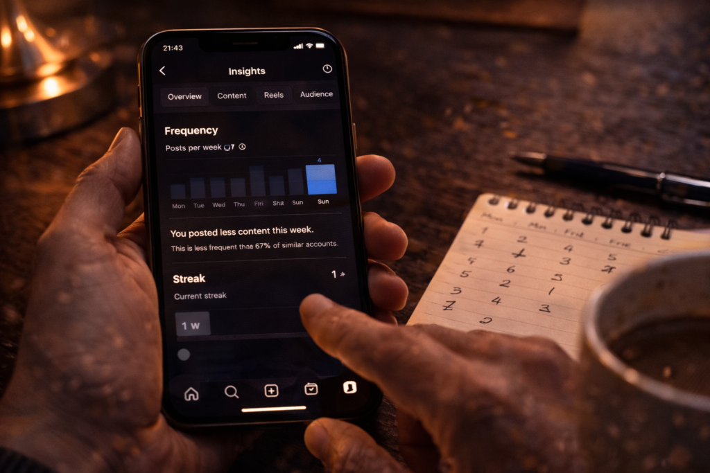 Mãos analisando métricas do Instagram Insights com caderno de anotações representando como calcular a frequência de exposição ideal para definir quantos Reels postar por semana