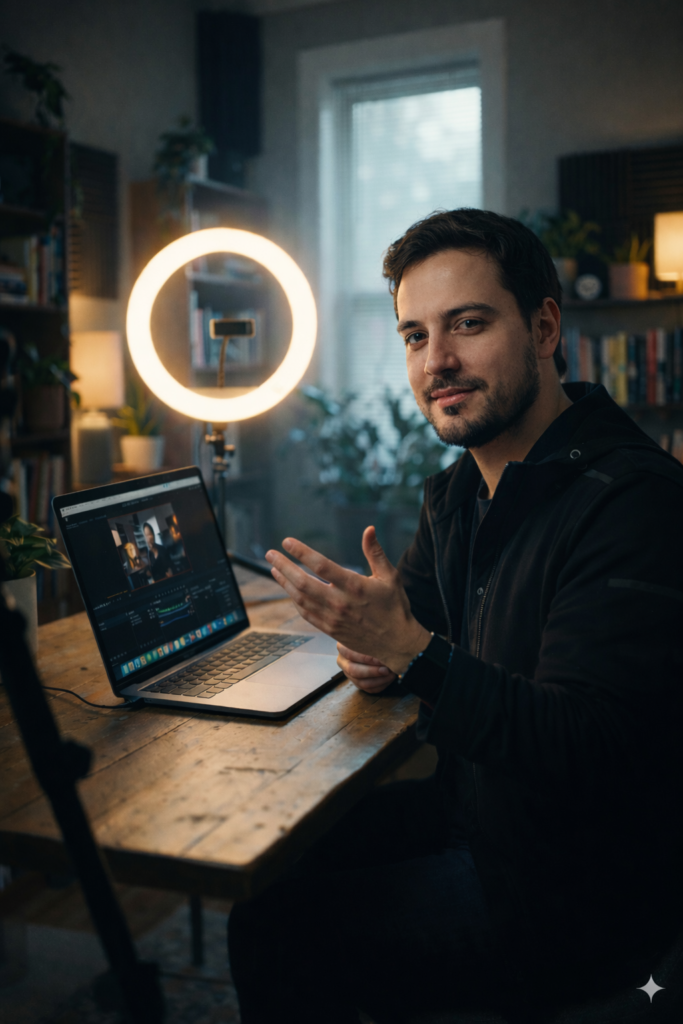 Blogueiro gravando Reels em home office com ring light representando a frequência de quatro a seis Reels por semana ideal para criadores de nicho no Instagram