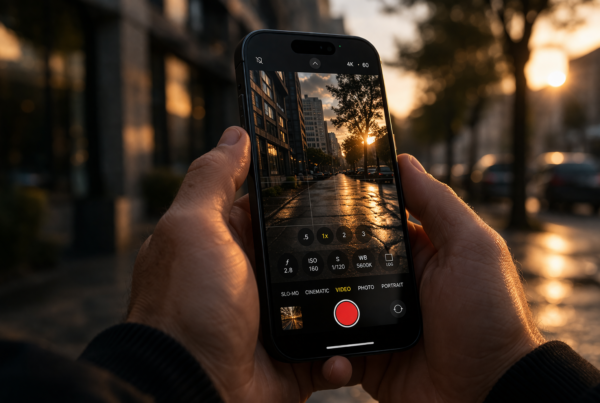 Mãos segurando iPhone na vertical com app de câmera aberto em modo vídeo, luz dourada ao fundo, estética editorial para criadores de conteúdo
