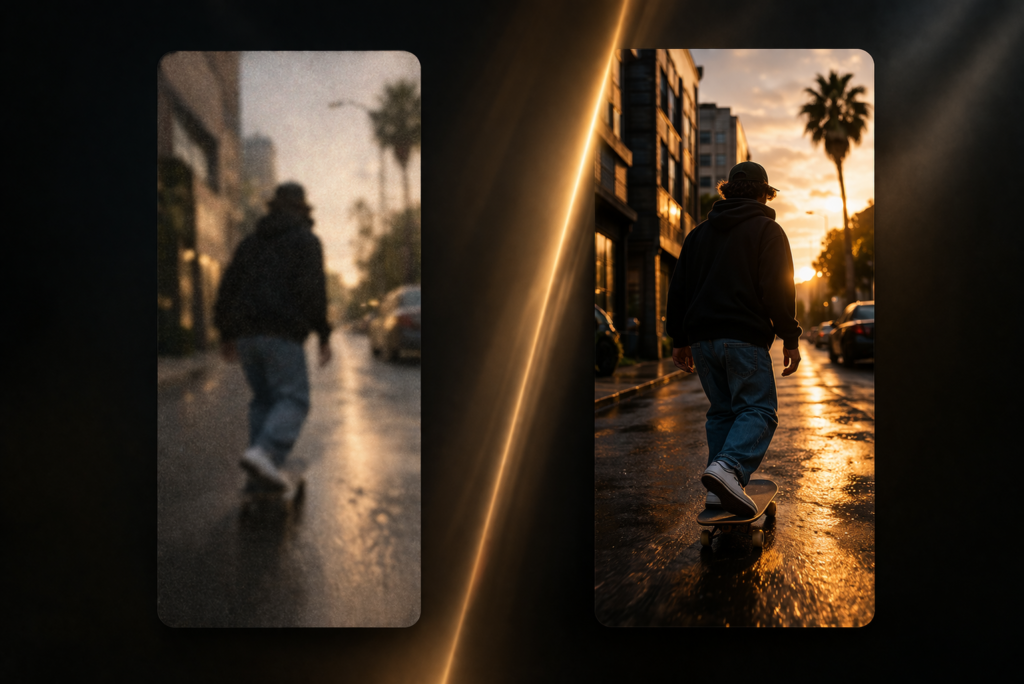 Comparação visual entre vídeo de baixa qualidade e vídeo 4K profissional gravado com iPhone configurado corretamente