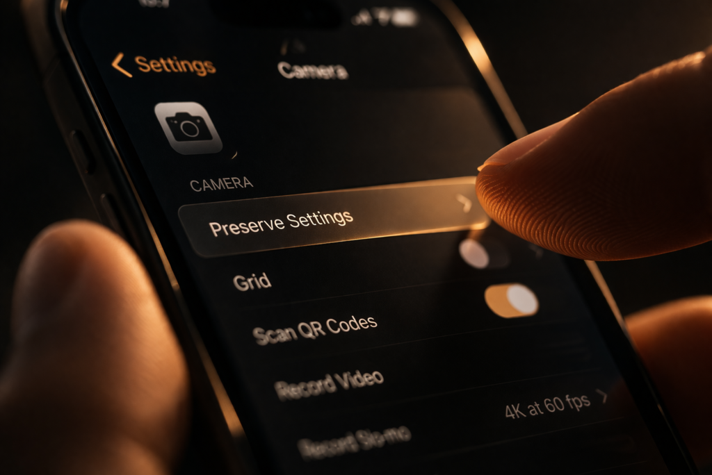 Tela do iPhone aberta nas configurações da câmera com opção Preservar Ajustes em destaque