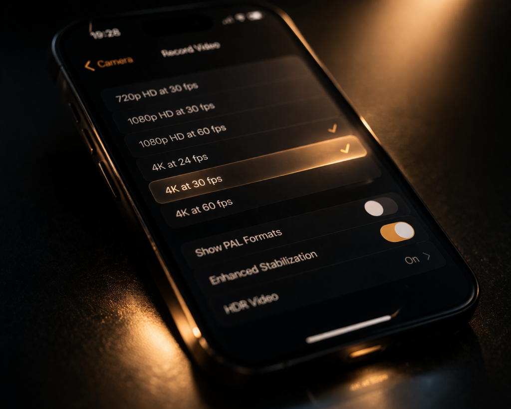 Configuração de resolução 4K a 30fps na câmera do iPhone para gravação de Reels no Instagram
