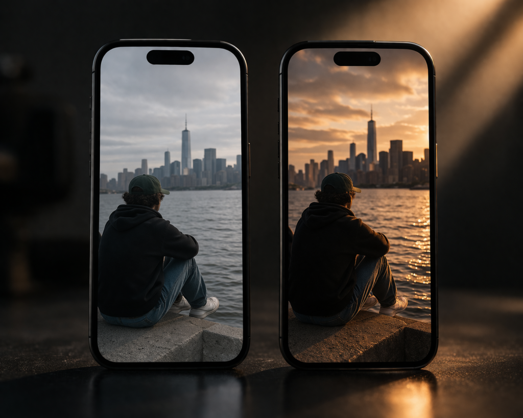 Dois iPhones comparando vídeo sem estilo fotográfico aplicado e vídeo com estilo quente ativado nas configurações de câmera