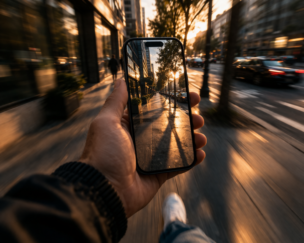 Pessoa gravando vídeo com iPhone em movimento usando estabilização e Modo Ação para Reels fluidos