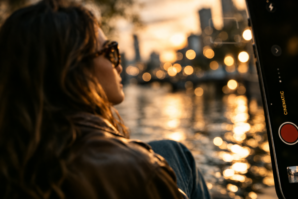 Vídeo gravado no Modo Cinematic do iPhone com fundo desfocado e sujeito em foco nítido para Reels profissionais