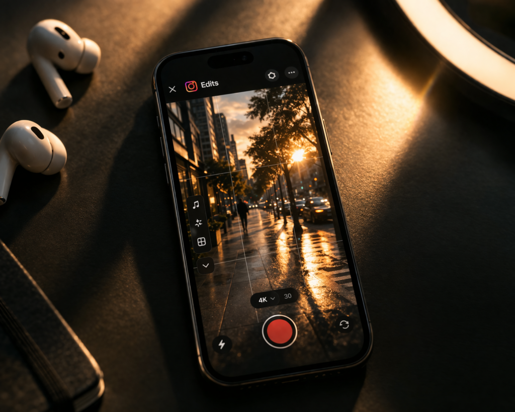 iPhone com aplicativo Edits da Meta aberto mostrando gravação em 4K para criadores de conteúdo no Instagram