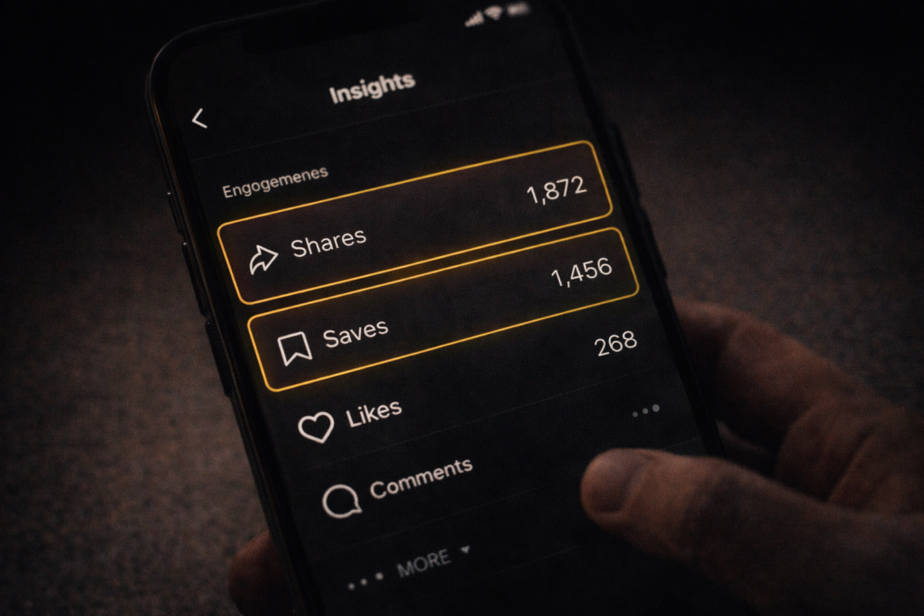 Métricas do Instagram Insights com compartilhamentos e salvamentos em destaque sobre as curtidas representando como medir a performance real do conteúdo na nova economia do algoritmo