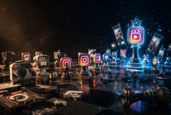 Tabuleiro de xadrez futurista representando a evolução do algoritmo do Instagram, com ícones antigos desgastados de um lado e um ícone de Reels moderno e iluminado dominando o outro lado