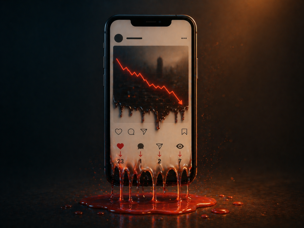 Celular com métricas baixas de Instagram derretendo na tela, representando a queda de alcance e engajamento em 2026