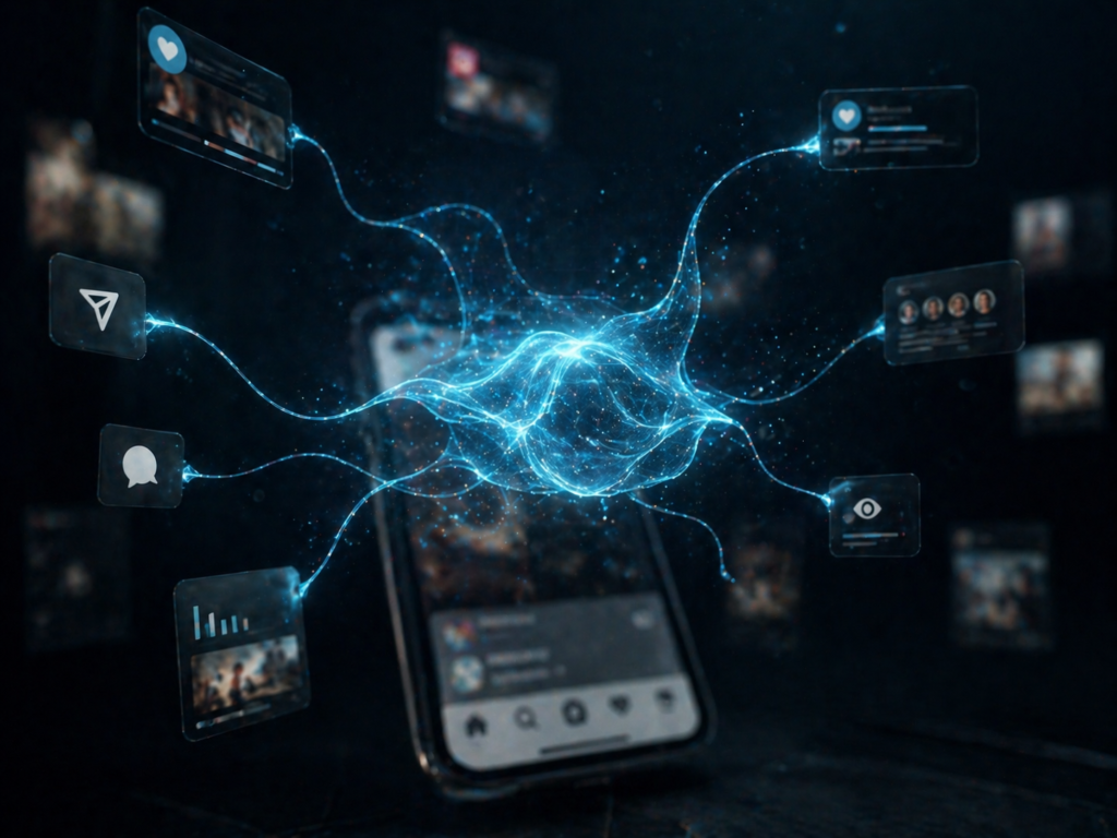 Forma de energia conectando elementos do Instagram, representando uma métrica invisível que controla o alcance na plataforma