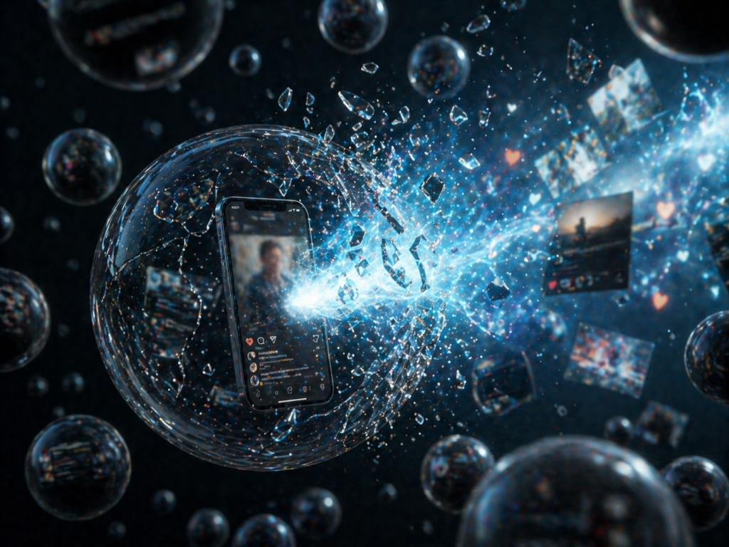 Smartphone rompendo uma bolha digital com fragmentos se espalhando, representando como aumentar o alcance no Instagram ao sair da própria bolha