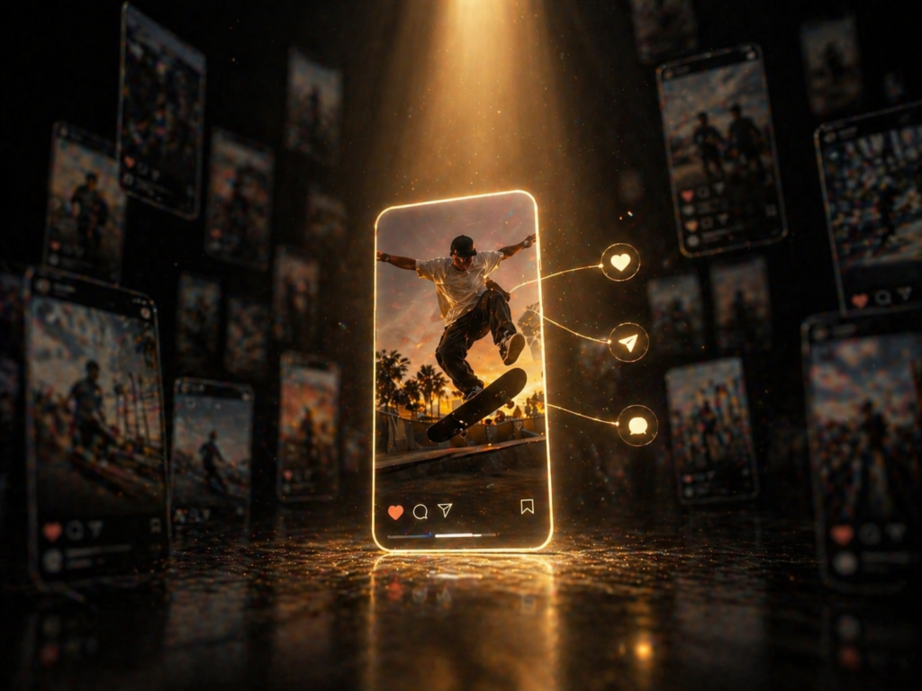 Conteúdo em destaque iluminado por luz dourada enquanto outros posts ficam apagados, representando o tipo de conteúdo que mais gera alcance no Instagram