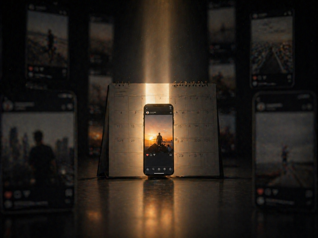Smartphone posicionado sobre calendário com horário destacado, simbolizando o melhor timing para postar no Instagram e aumentar alcance