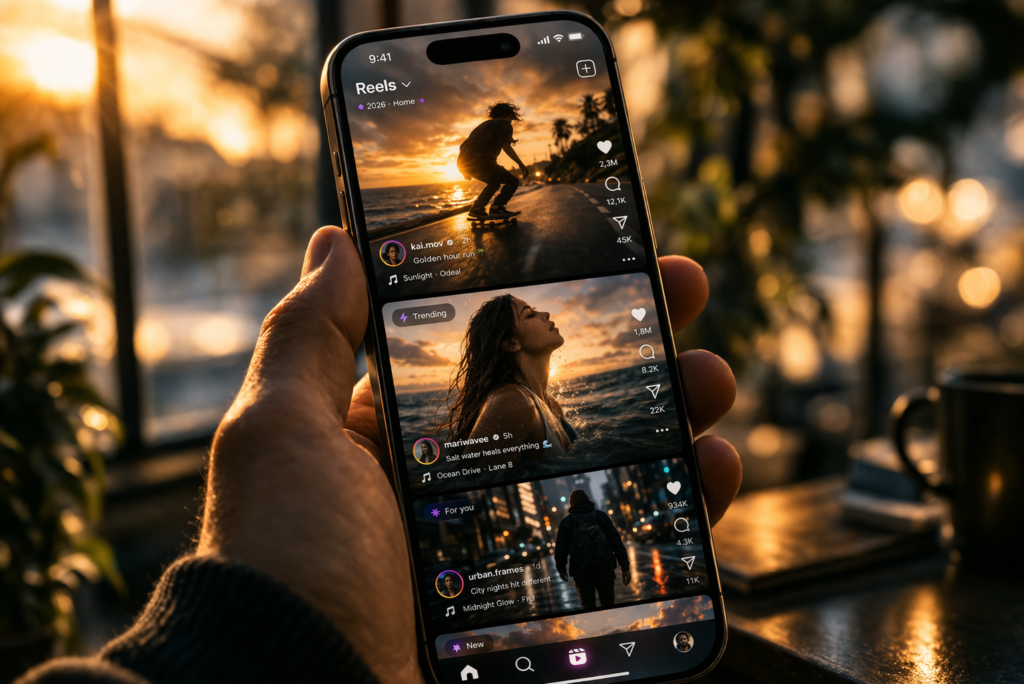 Feed de Reels na home do Instagram em 2026 exibido em smartphone com scroll infinito vertical, nova atualização da plataforma