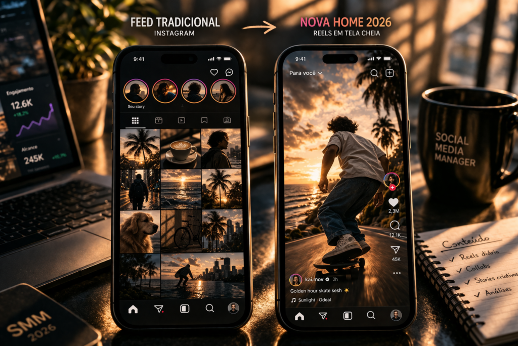 Feed de Reels na home do Instagram em 2026 exibido em smartphone com scroll infinito vertical, nova atualização da plataforma