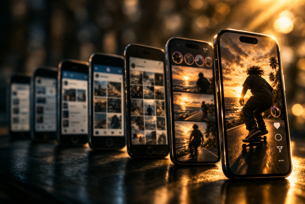 Linha do tempo de smartphones representando a evolução histórica do Instagram e suas atualizações ao longo dos anos
