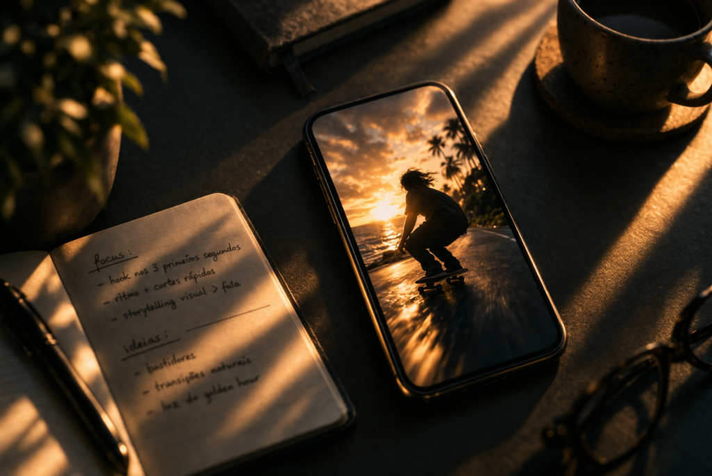 Smartphone sobre mesa de trabalho iluminada por luz dourada representando planejamento estratégico de conteúdo após atualização do Instagram