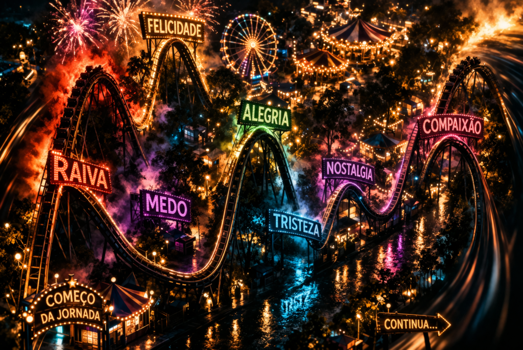 Vista aérea de parque de diversões iluminado à noite representando o feed das redes sociais como ambiente de estímulos emocionais intensos