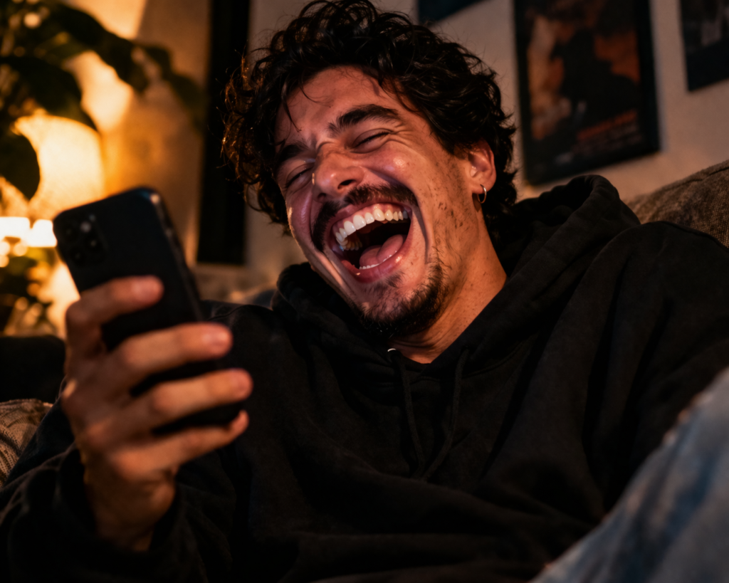 homem rindo olhando para o celular se divertindo com meme na internet