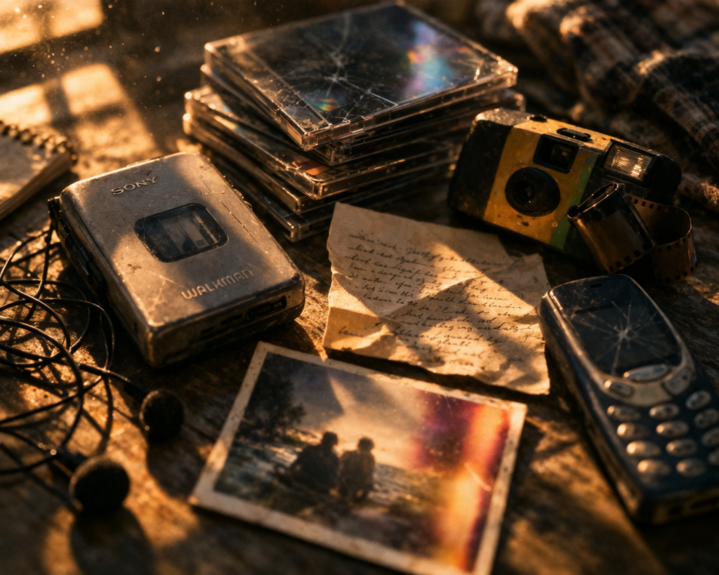 Objetos nostálgicos dos anos 90 e 2000 como walkman câmera descartável e cartas manuscritas representando a nostalgia como gatilho emocional poderoso para engajamento nas redes sociais
