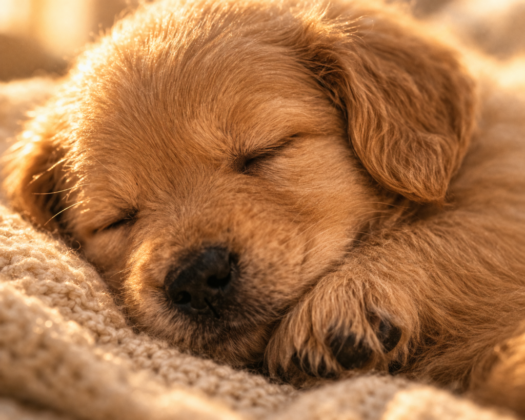 Filhote de golden retriever dormindo em cobertor quentinho representando a ternura como emoção que gera conexão genuína e lealdade de audiência nas redes sociais